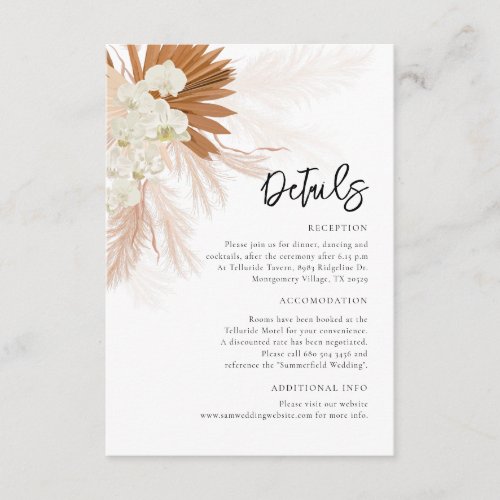 Pampas Grass Floral Wedding Details Enclosure Card