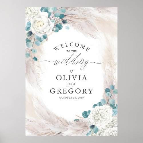 Pampas Grass Floral White Wedding Welcome Poster