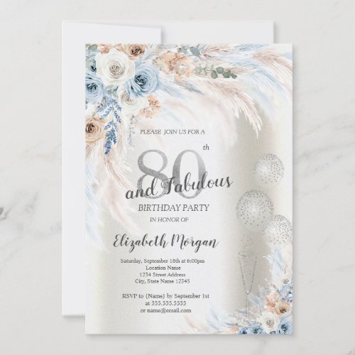 Pampas Grass Flowers Balloons 80th Birthday Party Invitation