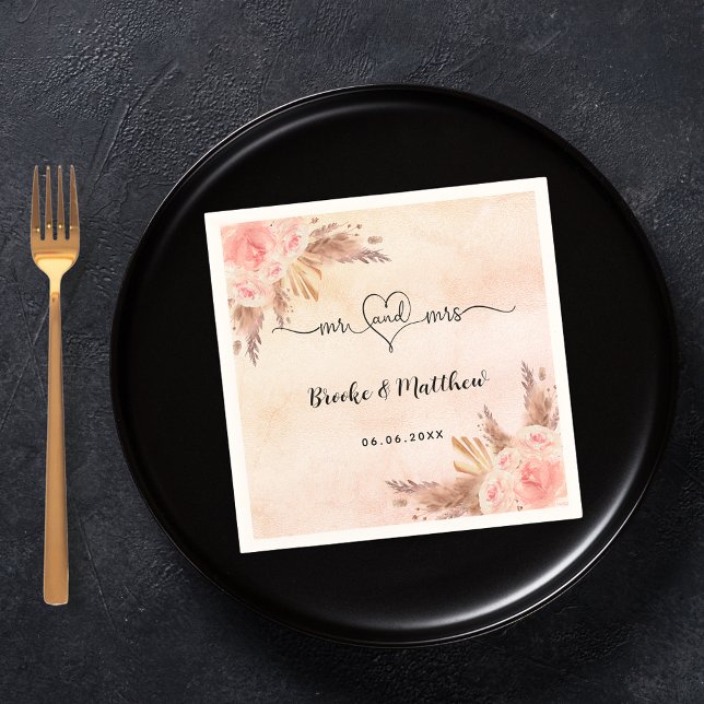 Pampas grass flowers boho  mr mrs heart wedding napkins (Creator Uploaded)