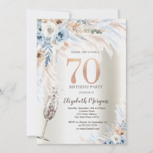 Pampas Grass Flowers Champagne Glass 70th Birthday Invitation