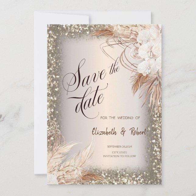 Pampas Grass Flowers Glitter Frame Save The Date (Front)