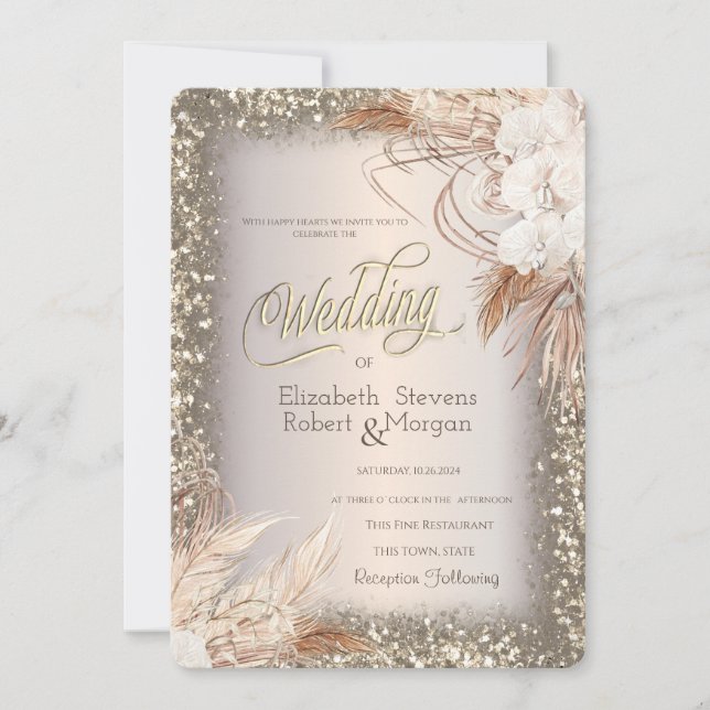 Pampas Grass Flowers Glitter FrameWedding  Invitation (Front)
