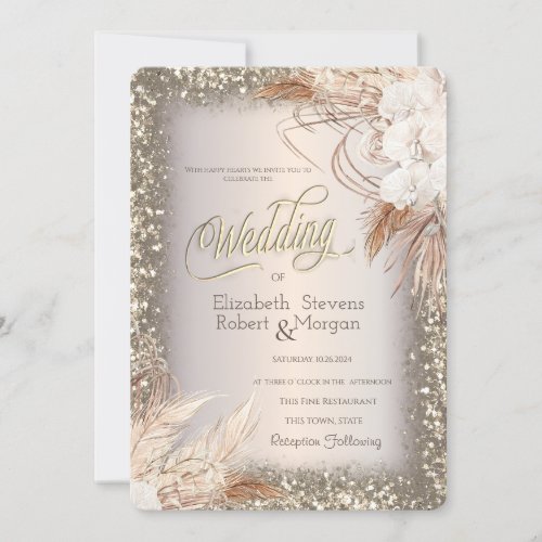 Pampas Grass Flowers Glitter FrameWedding  Invitation