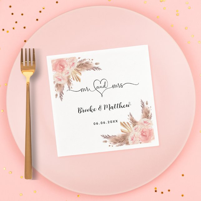 Pampas grass flowers mr mrs heart boho wedding napkins (Creator Uploaded)