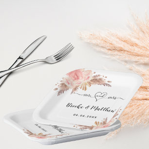 Pampas grass flowers mr mrs heart boho wedding paper plates