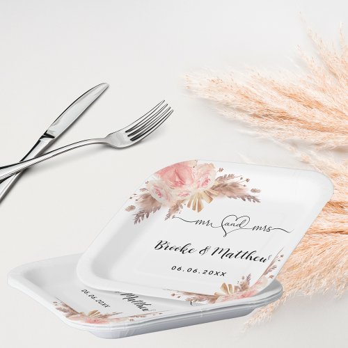 Pampas grass flowers mr mrs heart boho wedding paper plates