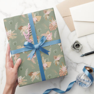 Pampas Grass & Flowers on Olive Green Wrapping Paper