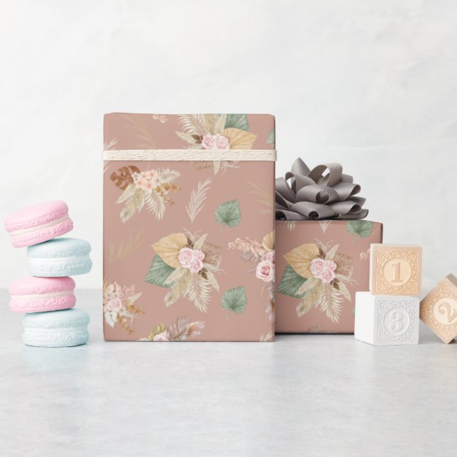 Pampas Grass & Flowers on Pinkish Brown Wrapping Paper (Baby Shower)