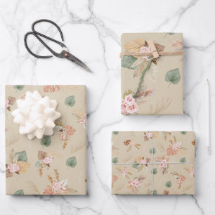 Pampas Grass & Flowers on Tan Wrapping Paper Sheets