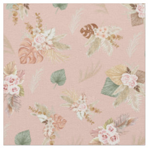 Pampas Grass & Flowers on Tea Rose Pink  Fabric