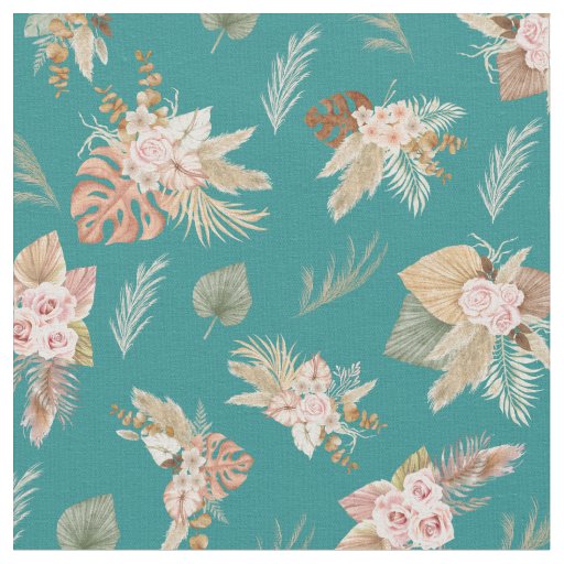 Pampas Grass & Flowers on Teal Fabric