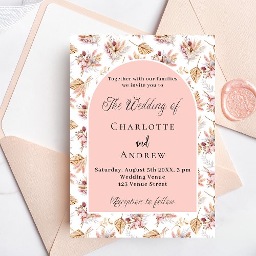 Pampas grass flowers rose gold boho luxury wedding invitation