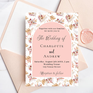 Pampas grass flowers rose gold boho wedding invitation postcard