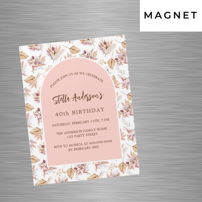 Pampas grass flowers rose gold luxury birthday magnetic invitation (Creator Uploaded)