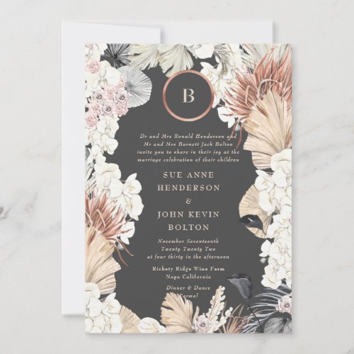 Pampas Grass Frame  Gold Foil Monogram  Charcoal Invitation