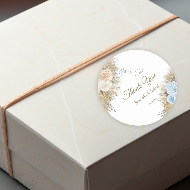 Pampas Grass Gender Reveal He or She Thank you Classic Round Sticker (Creator Uploaded)