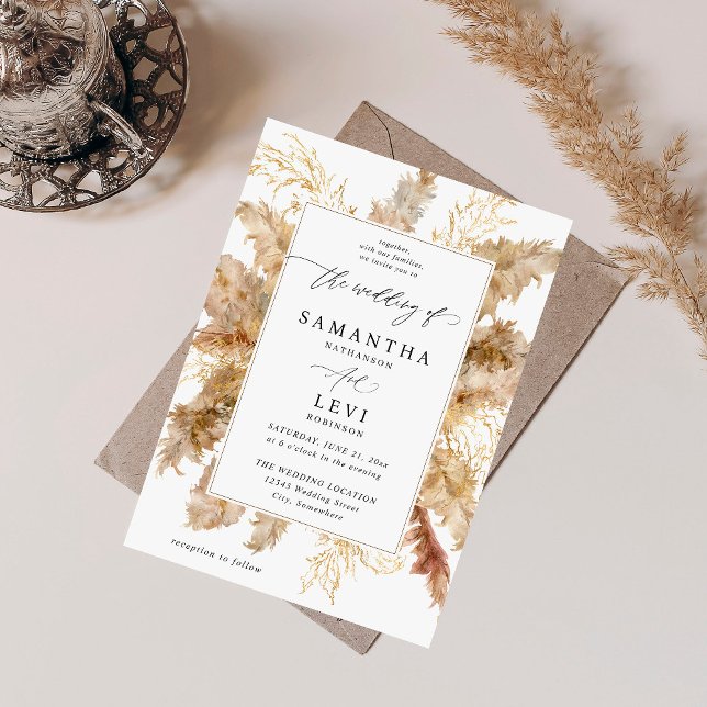 Pampas Grass & Gold Boho Wedding Invitation (Creator Uploaded)