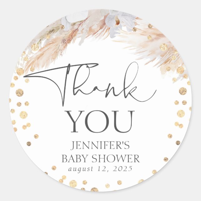 Pampas Grass Gold Confetti Thank You Classic Round Sticker (Front)