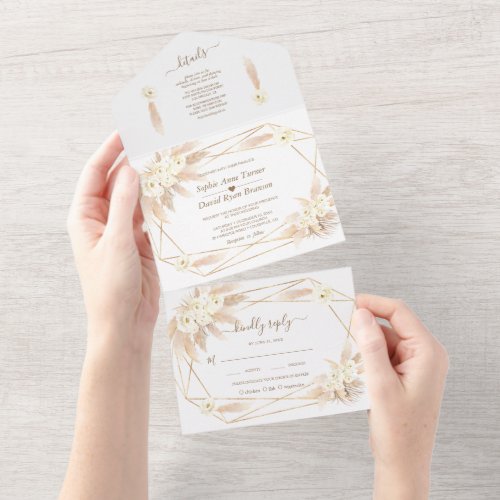 Pampas Grass Gold Monogram All in One Wedding  A All In One Invitation