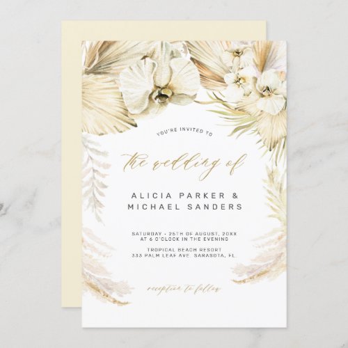 Pampas grass gold orchid tropical bohemian wedding invitation