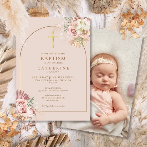 Pampas Grass Gold Photo Baptism Christening  Invitation