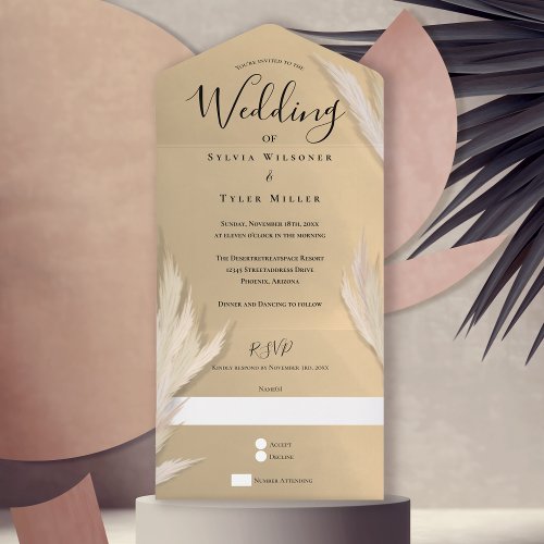 Pampas Grass Gold Wedding All In One Invitation