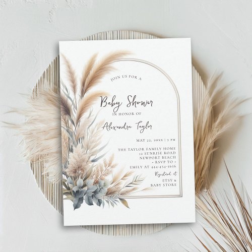 Pampas Grass Greenery Arch Neutral Baby Shower Invitation