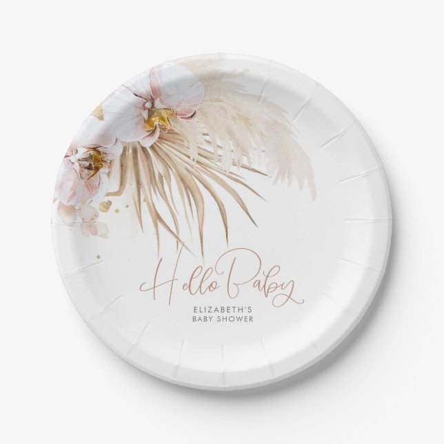 Pampas Grass Hello Baby Baby Shower Boho Paper Plates (Front)