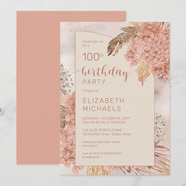 Pampas Grass Hydrangea Blooms 100th Birthday Party Invitation (Front/Back)