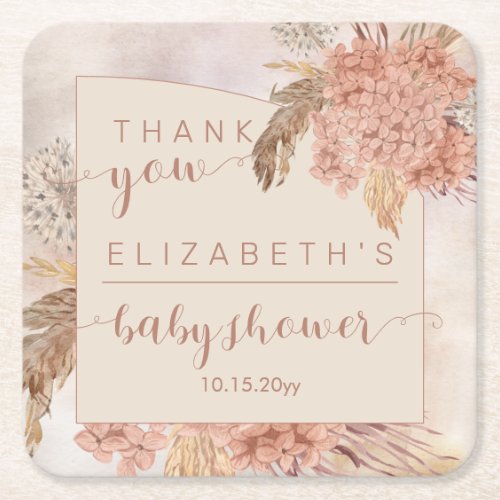 Pampas Grass  Hydrangeas Baby Shower Thank You  S Square Paper Coaster