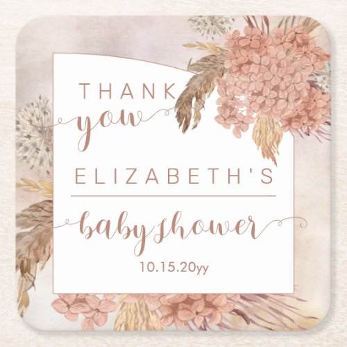 Pampas Grass  Hydrangeas Baby Shower Thank You  Square Paper Coaster