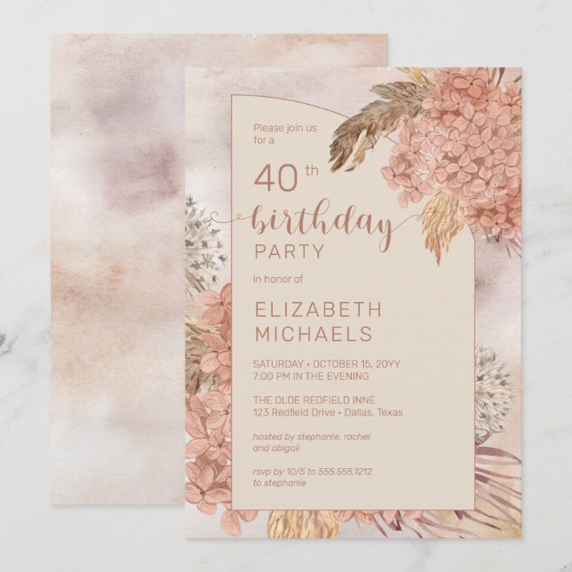 Pampas Grass Hydrangeas Blooms 40th Birthday Party Invitation (Front/Back)