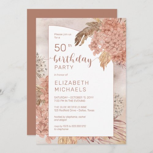 Pampas Grass Hydrangeas Blooms 50th Birthday Party Invitation