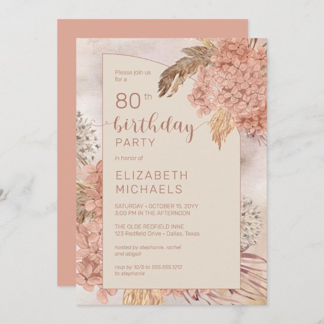 Pampas Grass Hydrangeas Blooms 80th Birthday Party Invitation (Front/Back)