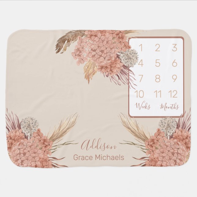 Pampas Grass | Hydrangeas Boho Wk Month Milestone Baby Blanket (Horizontal)