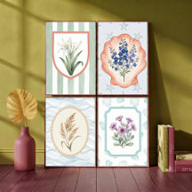 Pampas Grass in Scalloped Frame with Blue Waves