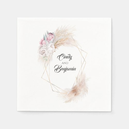 Pampas Grass King Protea Floral Wreath Wedding Napkins