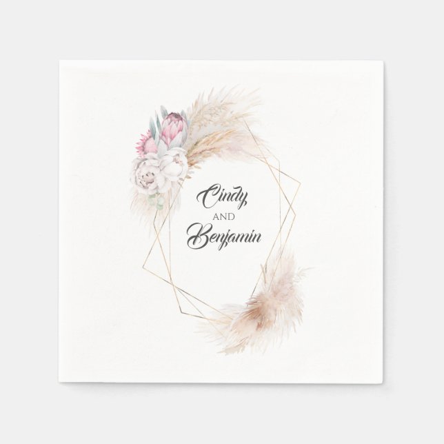 Pampas Grass King Protea Floral Wreath Wedding Napkins (Front)