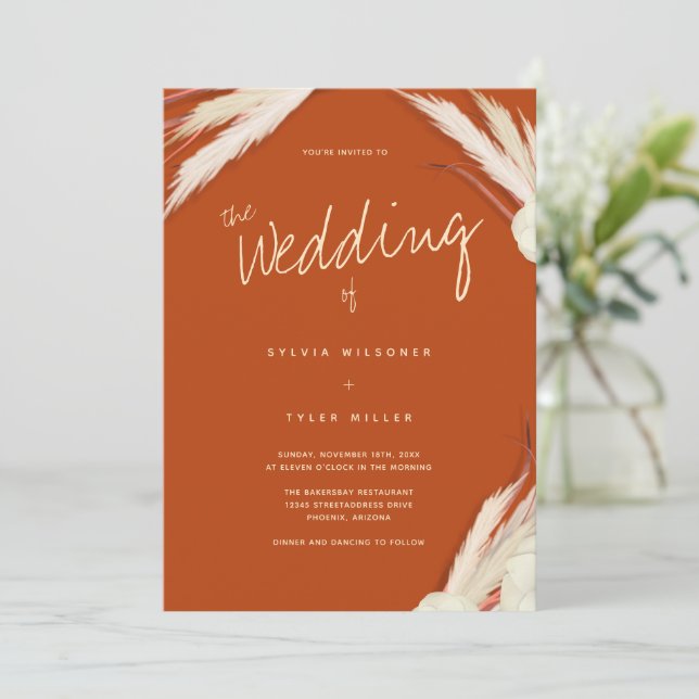 Pampas Grass Leaves Burnt Orange Wedding Invitation (Standing Front)