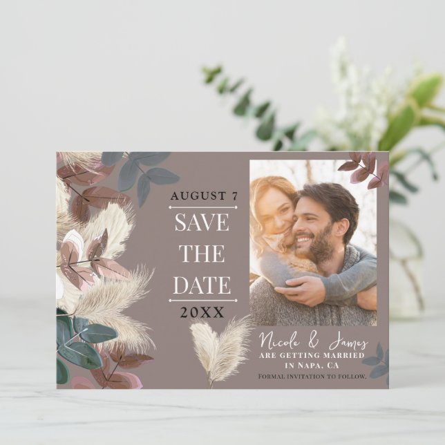 Pampas Grass Leaves Earthy Bohemian Save the Date Invitation (Standing Front)