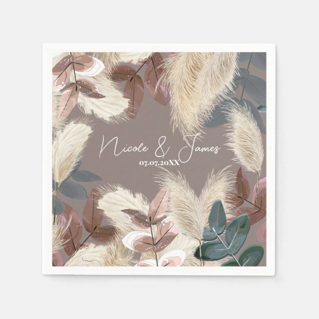 Pampas Grass & Leaves Earthy Bohemian Wedding Napkins (Front)
