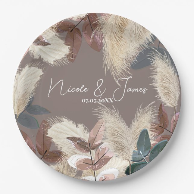Pampas Grass & Leaves Earthy Bohemian Wedding Paper Plates (Front)