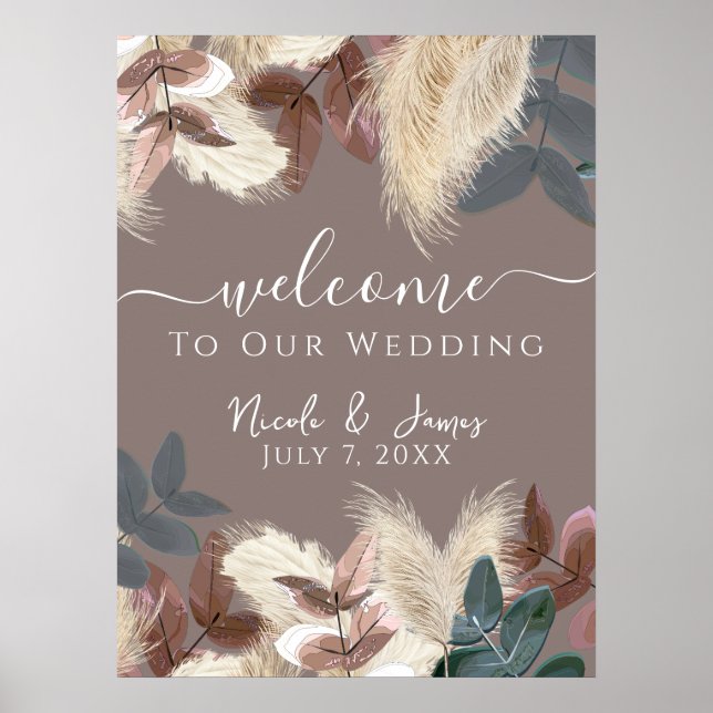 Pampas Grass & Leaves Earthy Bohemian Wedding Poster (Front)