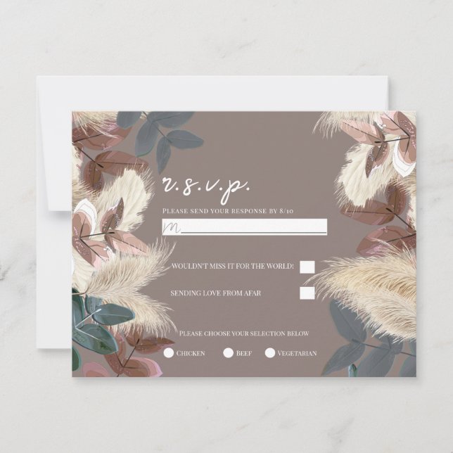 Pampas Grass & Leaves Earthy Bohemian Wedding RSVP Invitation (Front)