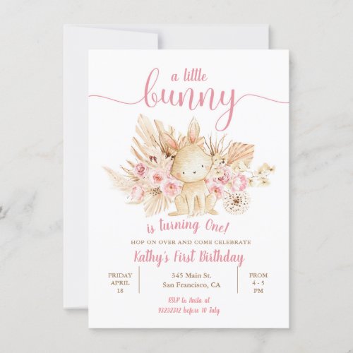  Pampas Grass Little Bunny Turning One Birthday  Invitation