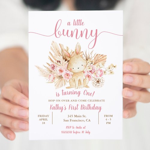  Pampas Grass Little Bunny Turning One Birthday  Invitation