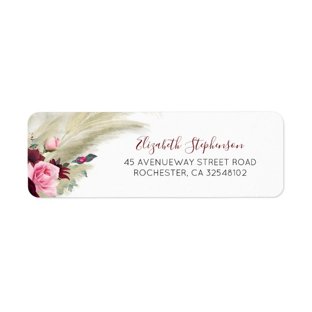 Pampas Grass Modern Boho Burgundy Label (Front)