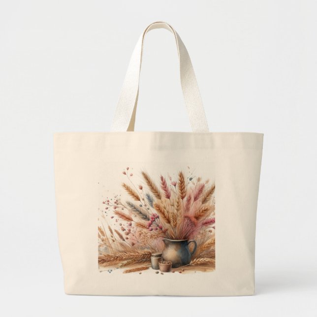 Pampas Grass Modern Boho Floral for Autumn & Fall  Large Tote Bag (Front)