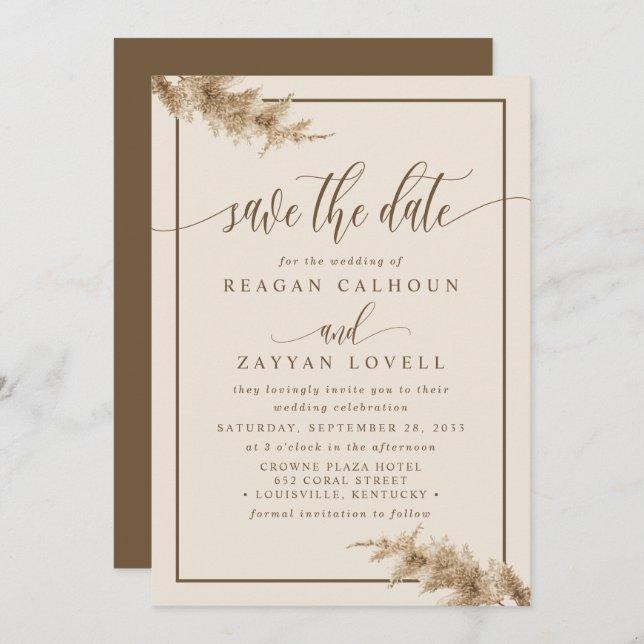 Pampas Grass Modern Calligraphy Save The Date (Front/Back)
